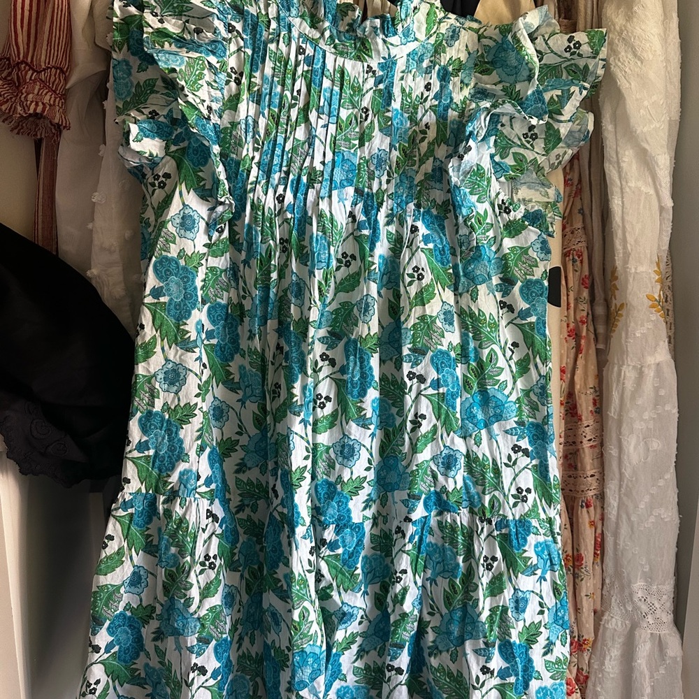 Victoria Dunn Blue Crew Neck Flutter Sleeve Dress